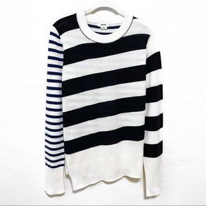 JASON WU Kelly Merino Wool Blend Asymmetrical Striped Crewneck Sweater in Navy L